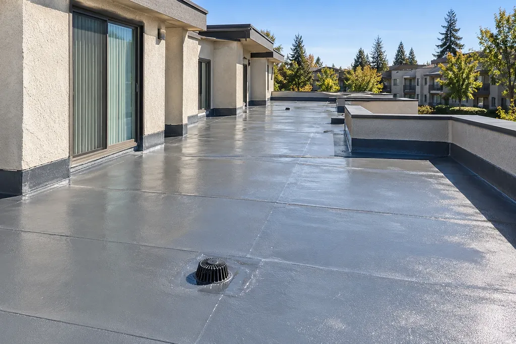 Waterproofing contractors Sacramento CA — recoated terrace with drain set at the low point