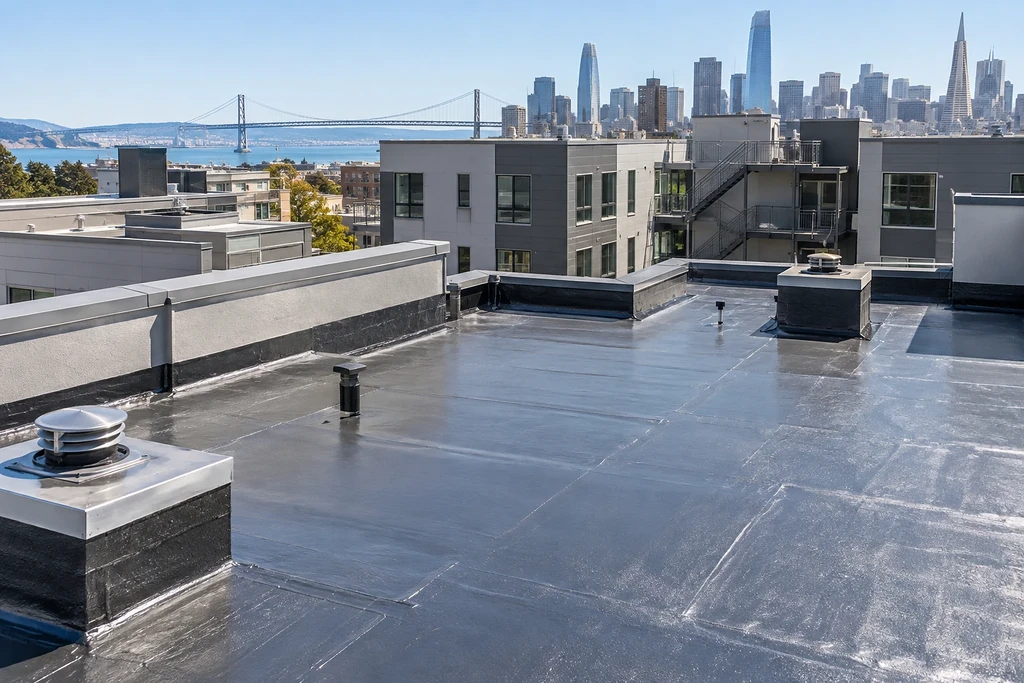 Waterproofing San Francisco CA — coated roof deck above the city with the Bay Bridge and downtown skyline behind