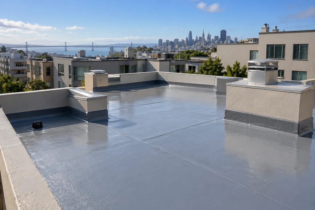 Waterproofing firms San Francisco — recoated roof deck with parapet, drain and the Bay Bridge in the distance