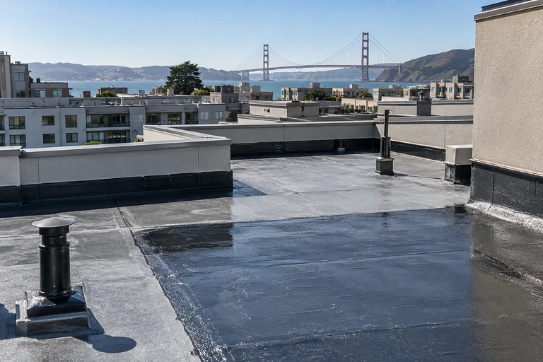 Deck waterproofing San Francisco — recoated condominium roof terrace with parapet and the Golden Gate behind