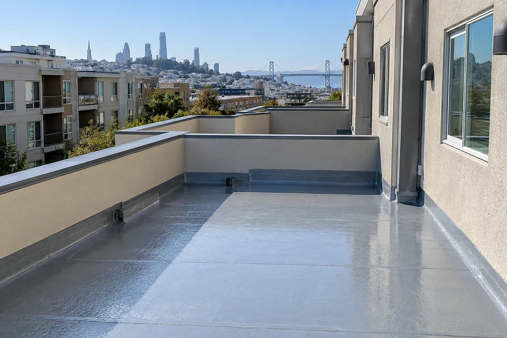 Waterproofing contractors San Francisco — coated terrace with through-wall scuppers at the parapet and coved wall base