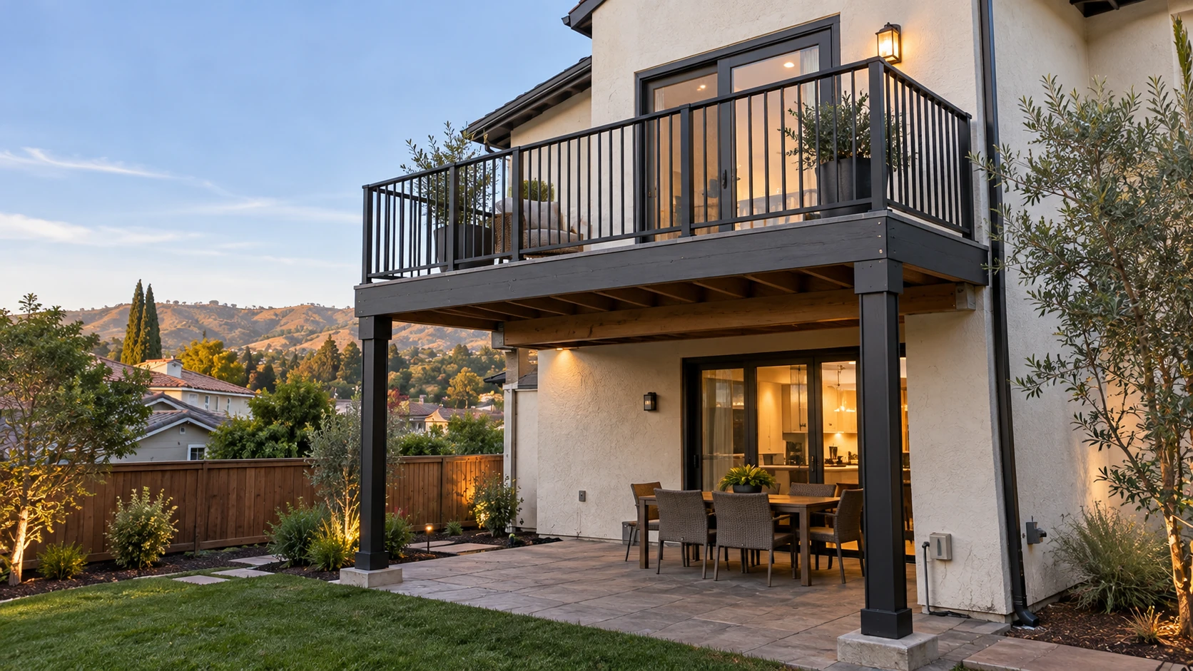 Second-floor balcony with a black metal railing on posts above a backyard patio