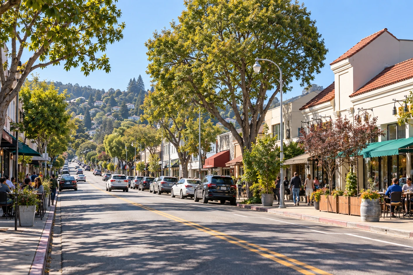 Solano Avenue commercial district in Albany, California, looking toward the hills