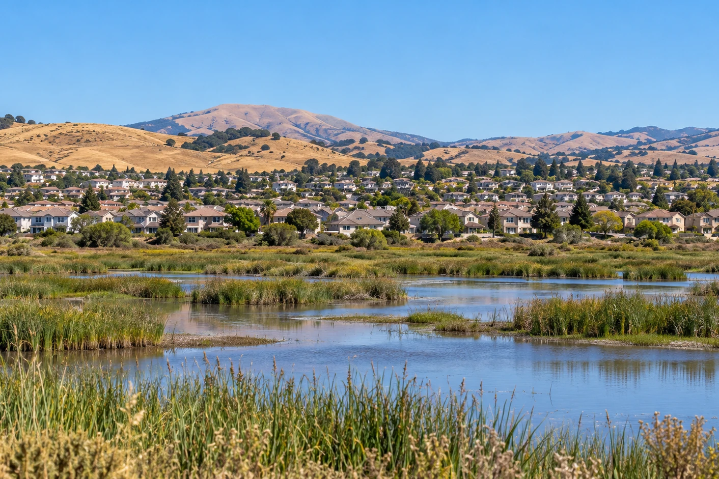 American Canyon, California, seen across the wetlands with the hills behind