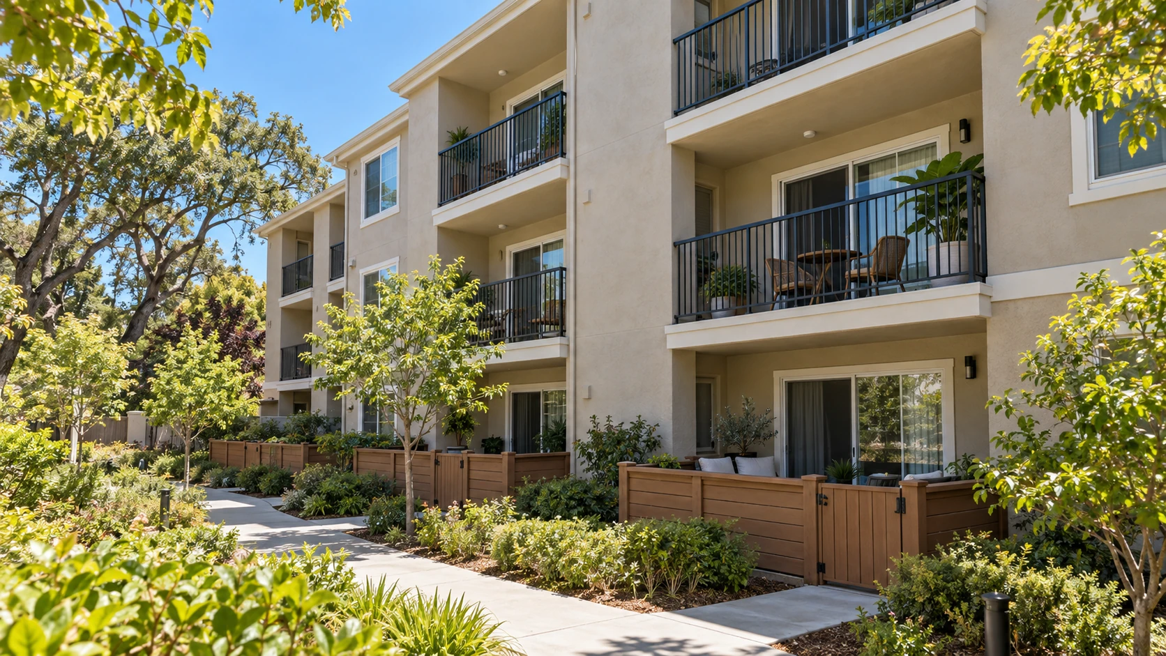 Apartment building with stacked balconies above fenced ground-floor patios