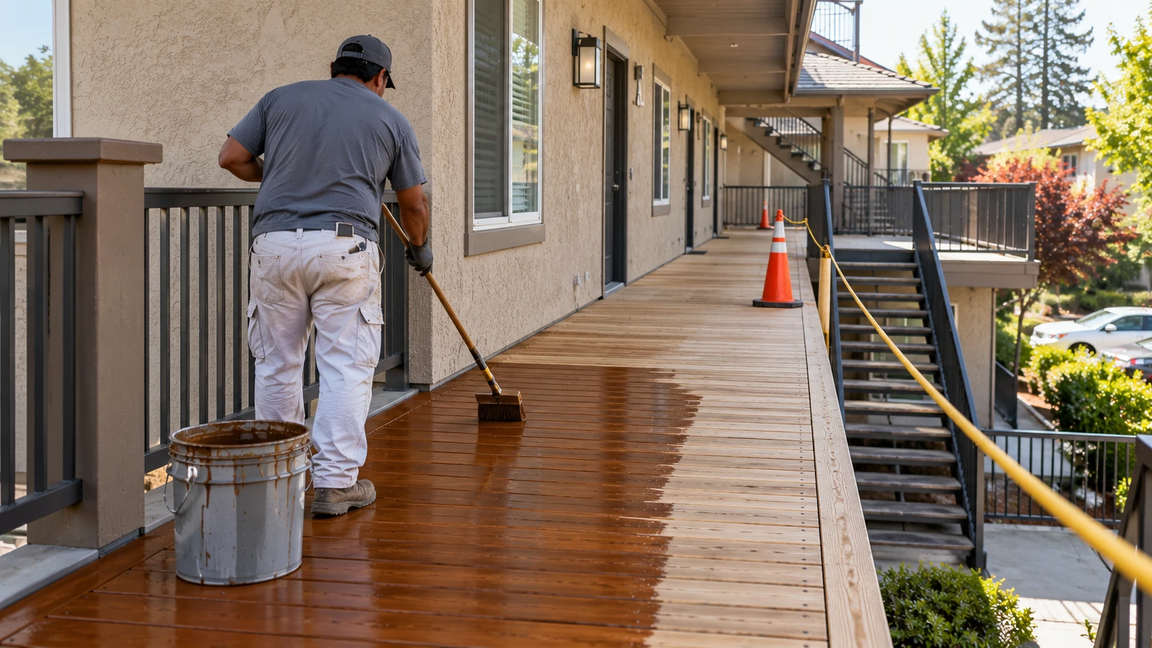 Painter applying stain to an apartment building's wood walkway