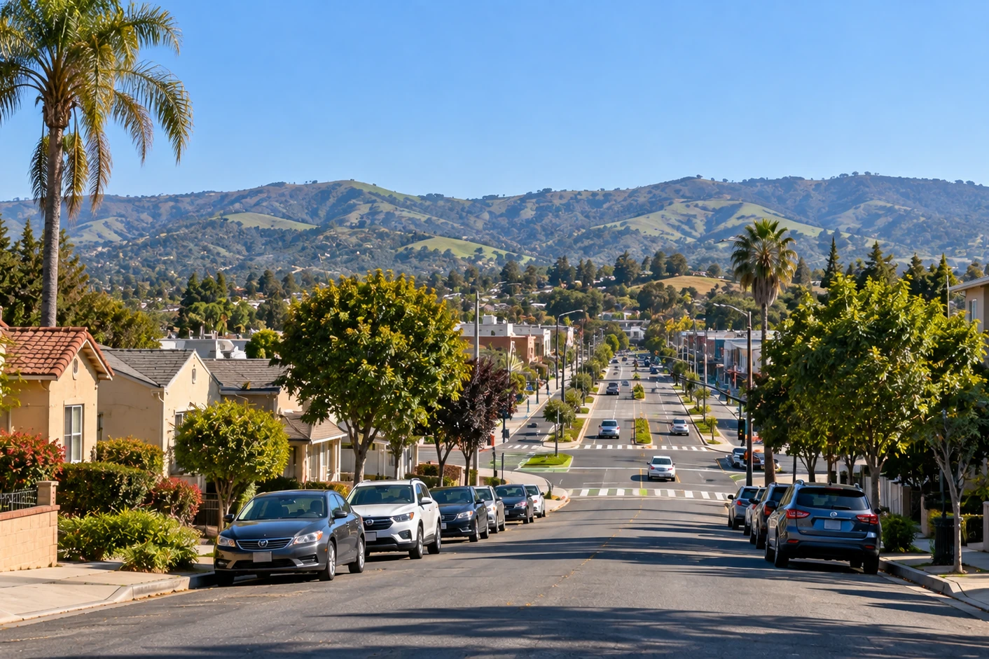 A street in Ashland, California, descending toward the commercial corridor with the hills behind