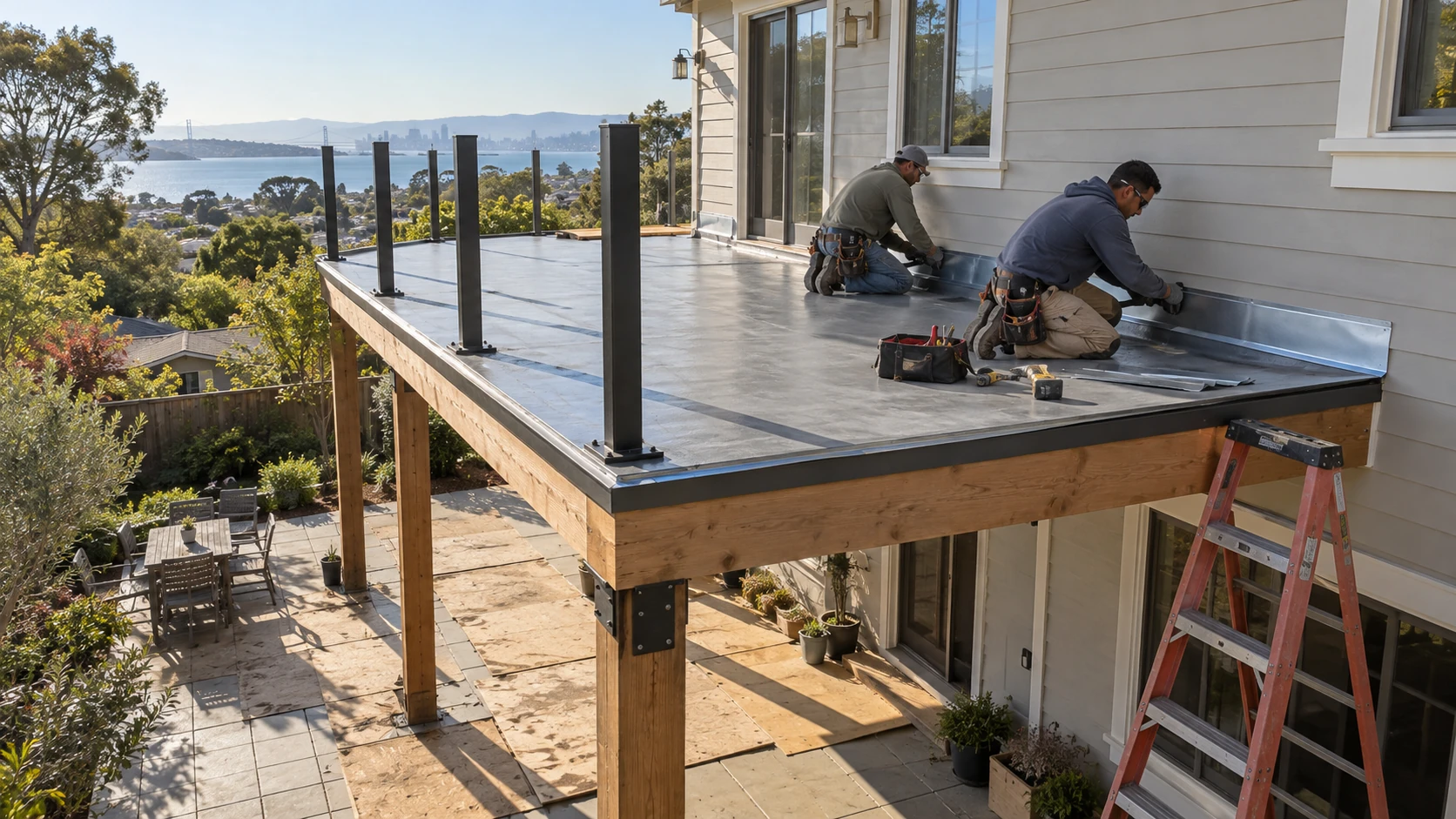 Workers installing a waterproof membrane on a new balcony deck with post bases