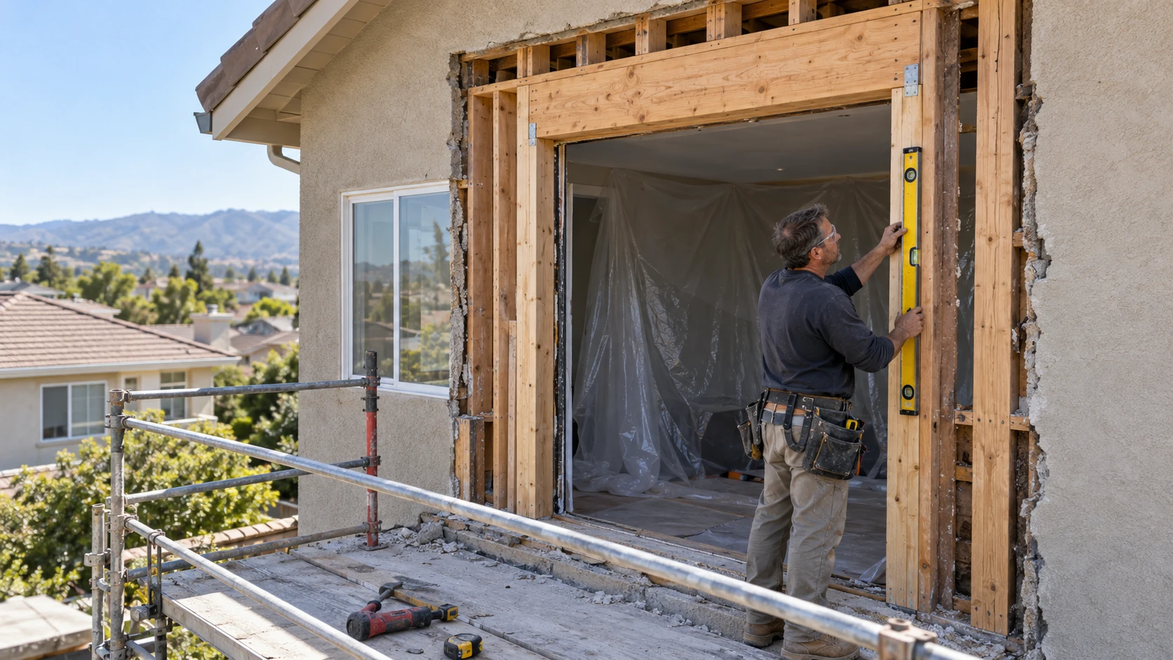 Contractor checking a newly framed balcony door opening with a level