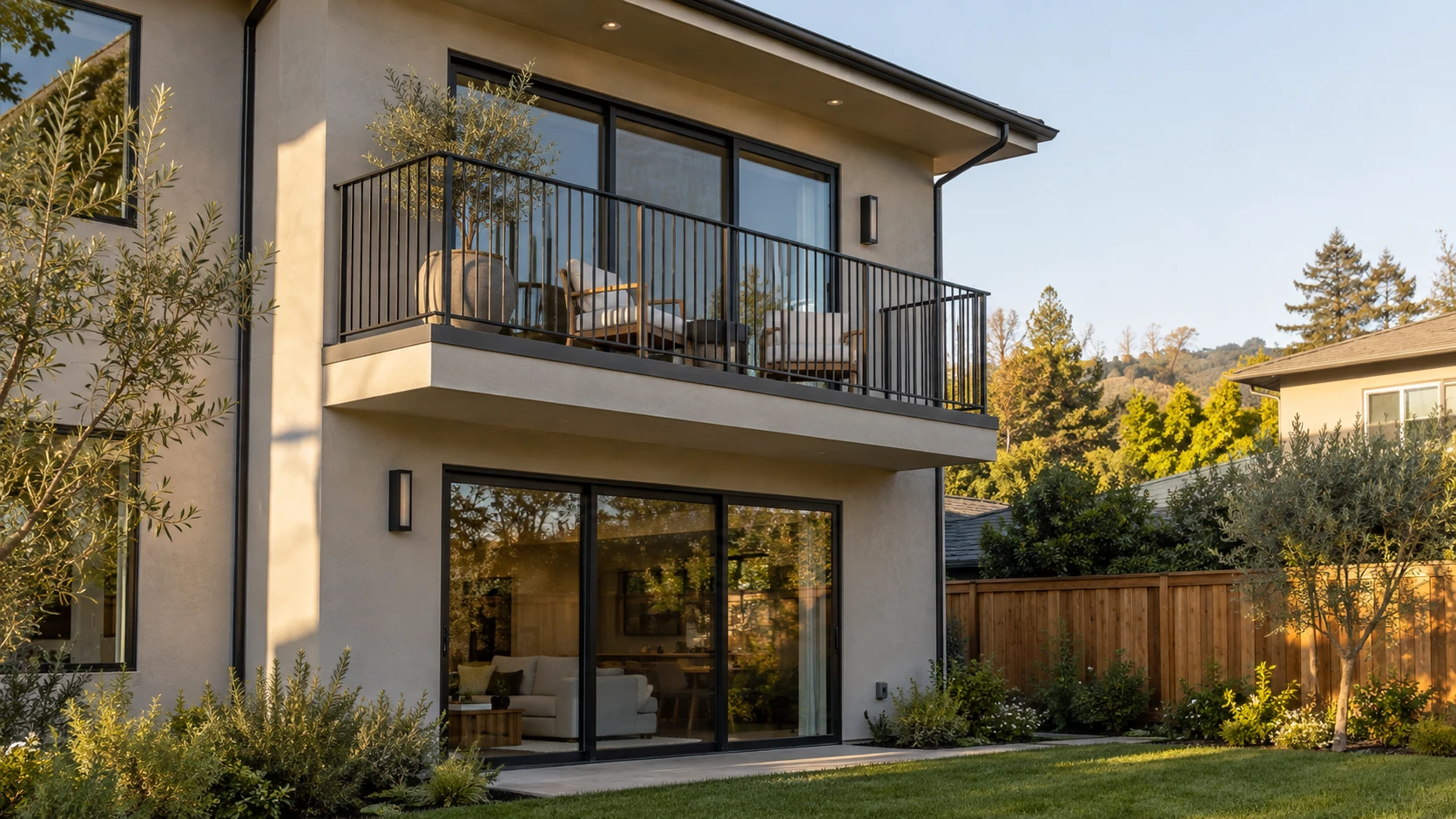 Apartment building balcony with a black metal railing above a ground-floor patio