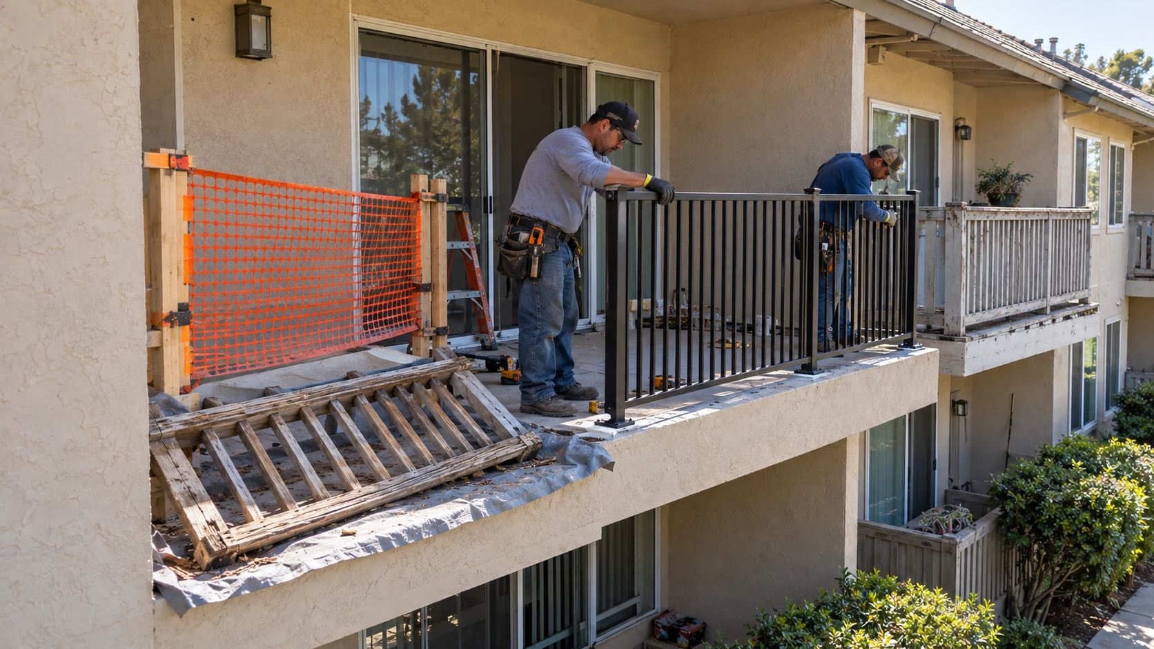 Crew replacing an old wood balcony railing with a black metal railing