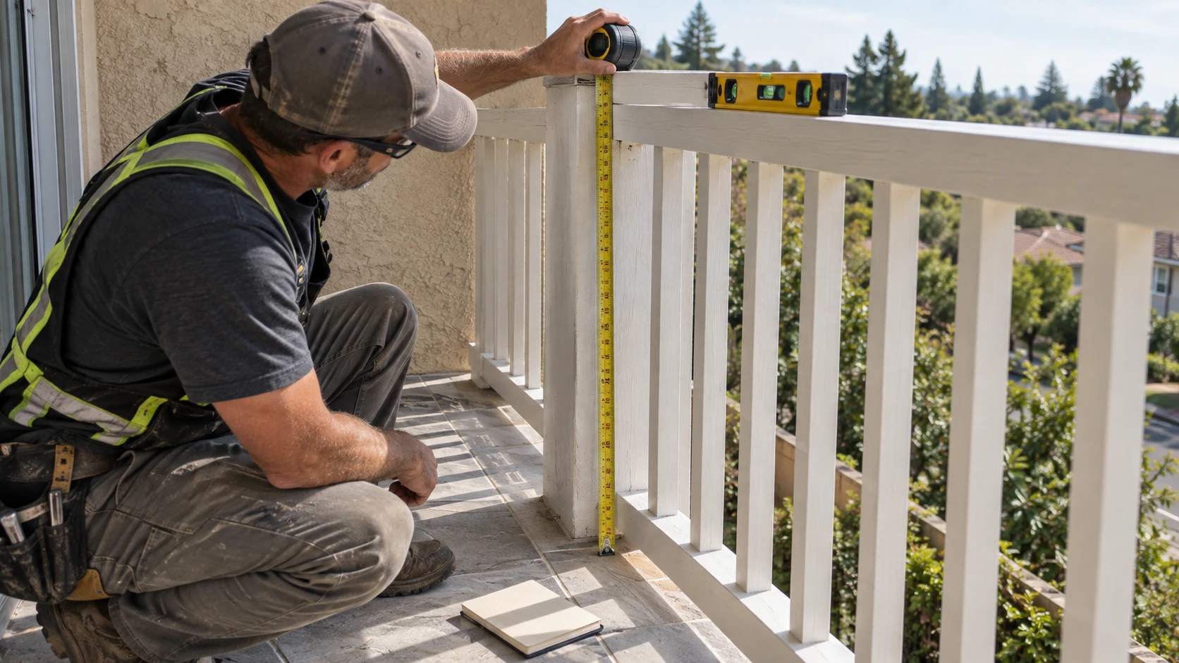 Worker checking a balcony railing with a tape measure and a level