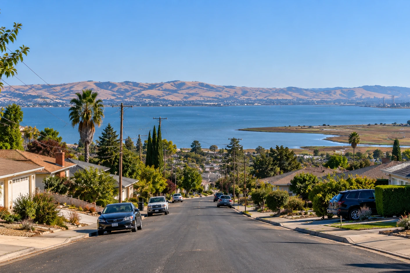 Bay Point, California residential street running downhill toward the bay