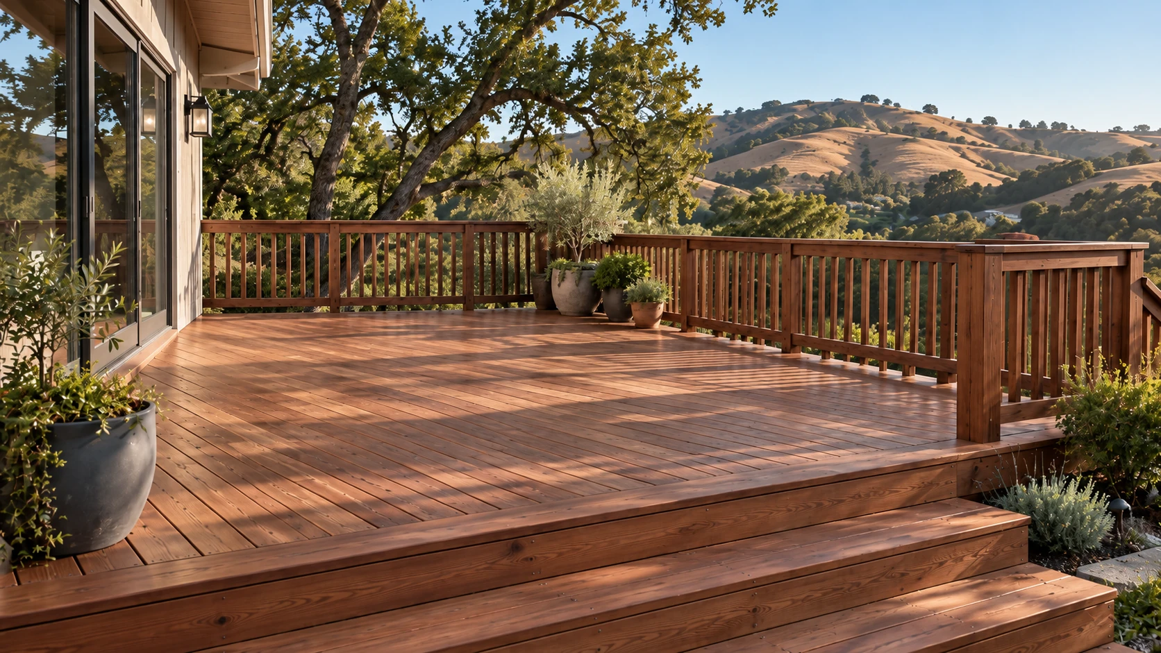 Stained wood deck with a railing and steps overlooking California hills