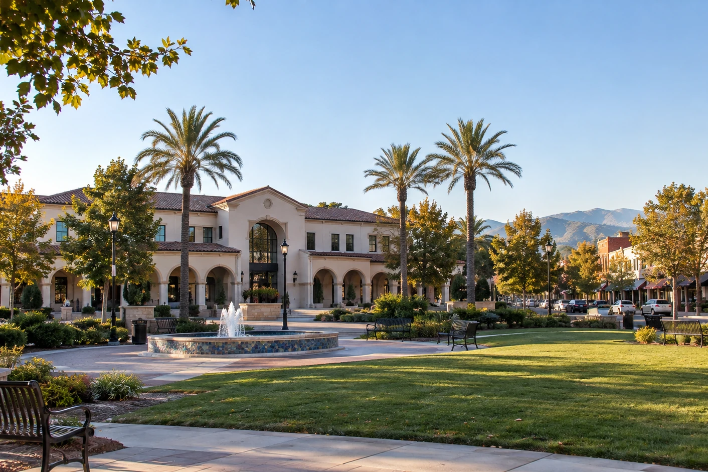 Plaza with palm trees and a fountain in Brentwood, California