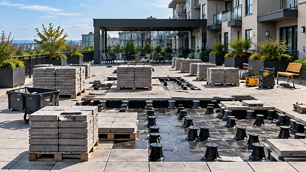 Podium amenity terrace in Concord with pavers lifted, pedestals exposed on the membrane and new pavers staged on pallets