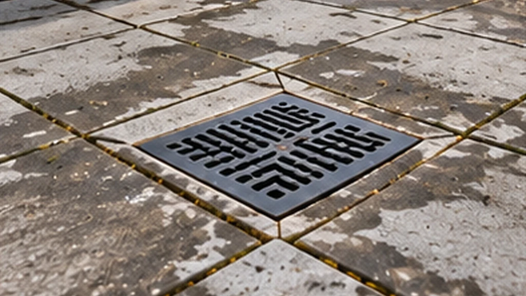 Stained pavers with clogged joints around a terrace drain grate before replacement