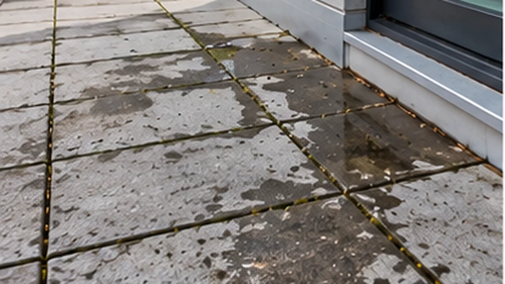 Stained pavers with moss-filled joints and standing water at a terrace door threshold before replacement in Concord