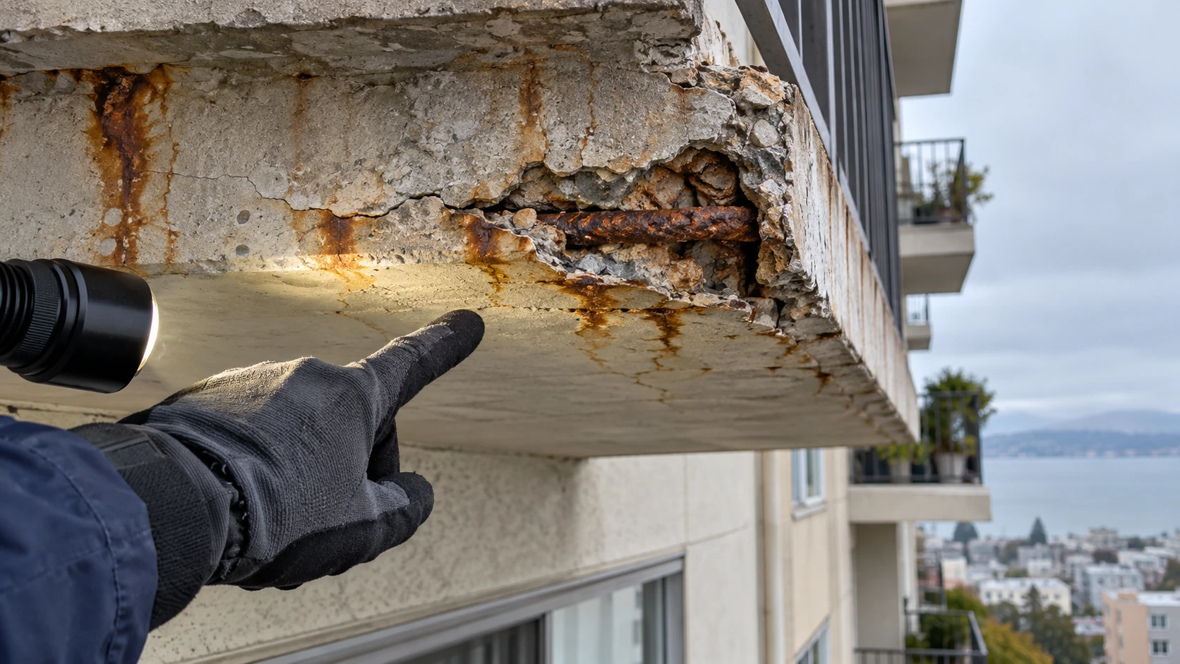 Gloved hand pointing at corroded rebar and spalled concrete under a balcony slab