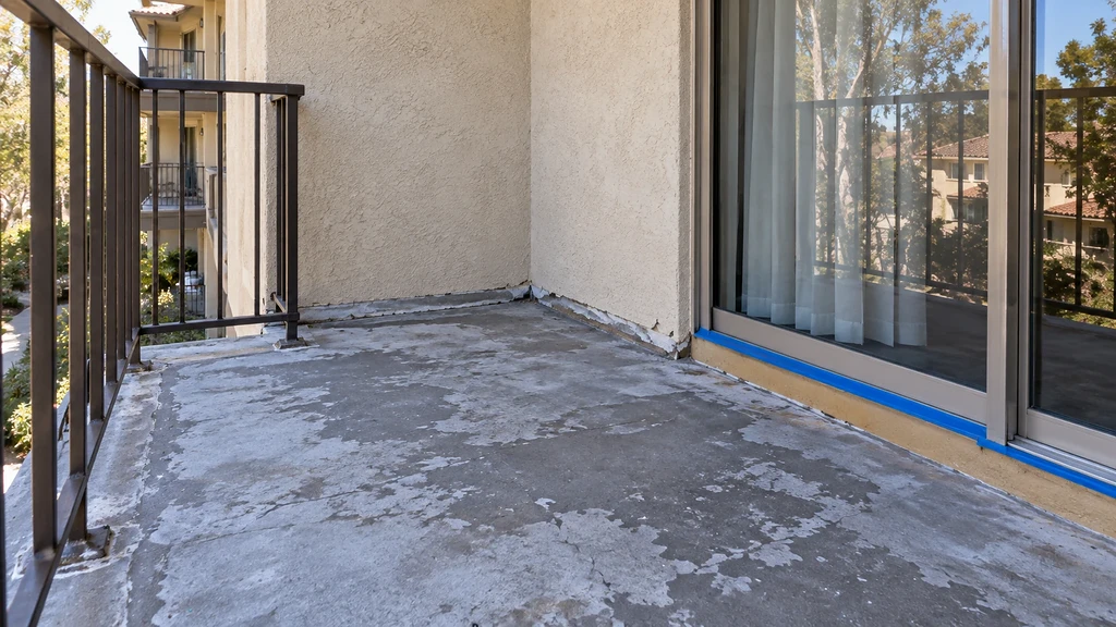 Waterproof coating peeled away at the floor-to-wall corner and around a railing post base on a balcony