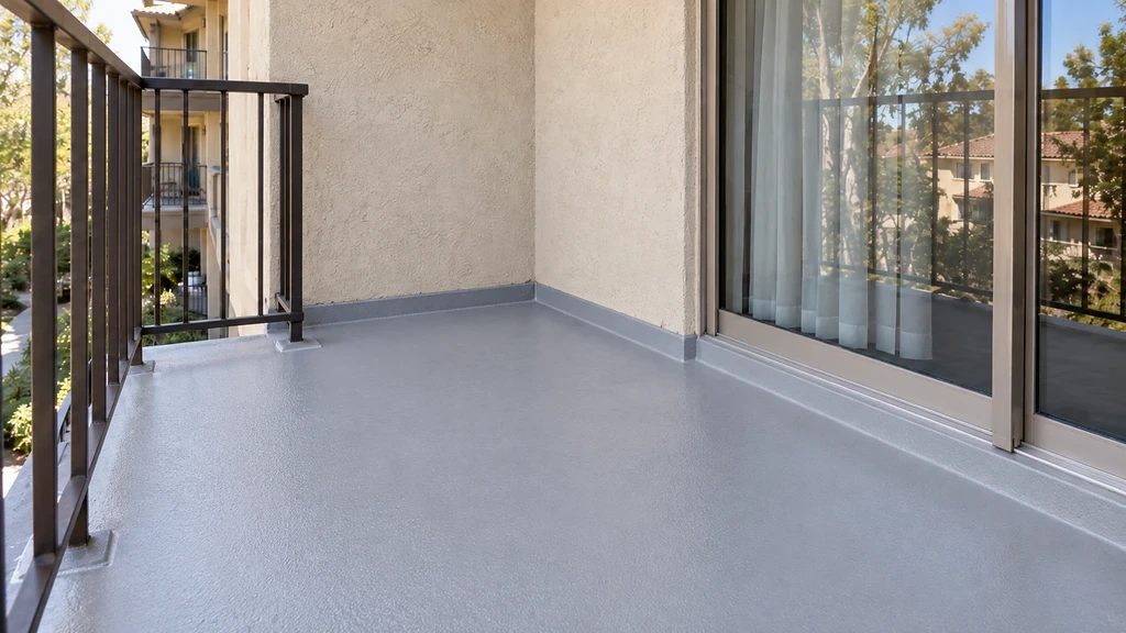 New balcony coating with a turned-up base at the corner and sealed railing post bases in Cupertino