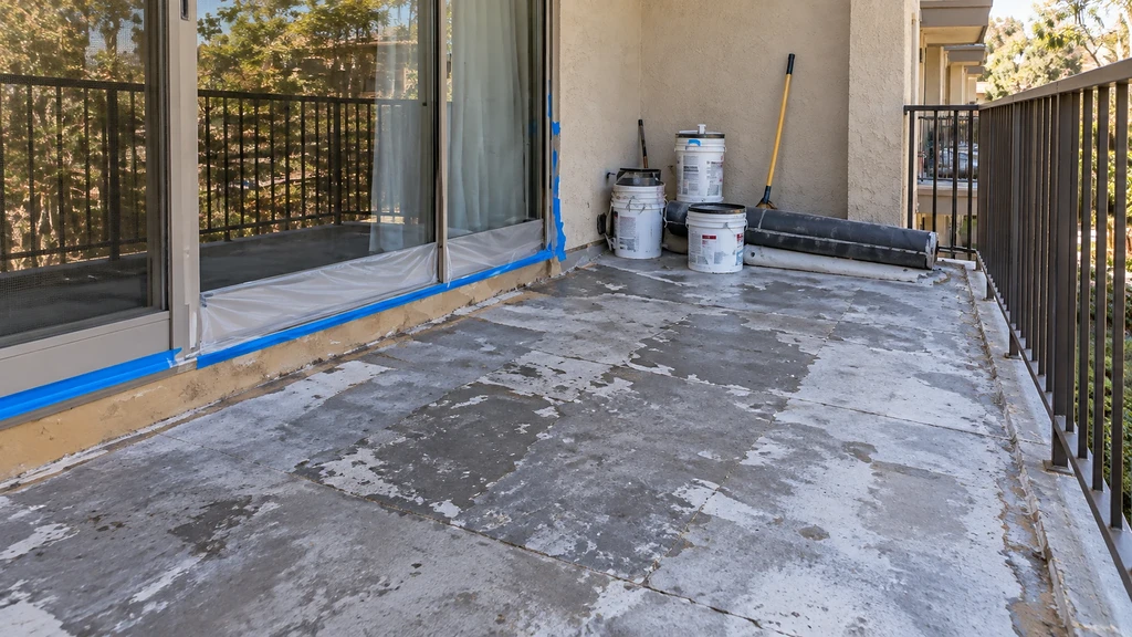 Failed, peeling waterproof coating across a covered condominium balcony deck before recoating in Cupertino