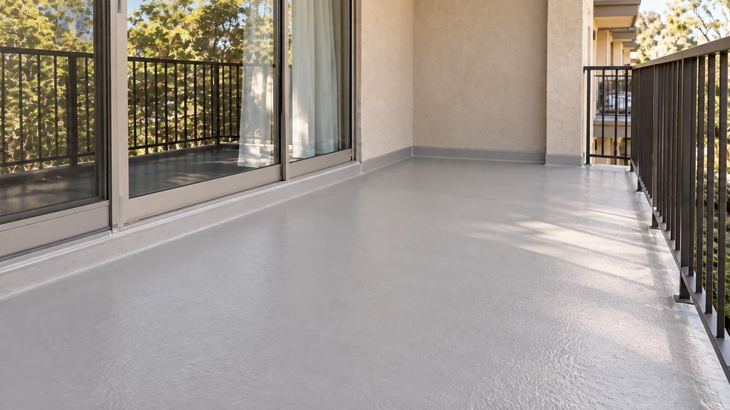 Covered balcony with a new textured waterproof coating turned up at the wall and door sill in Cupertino