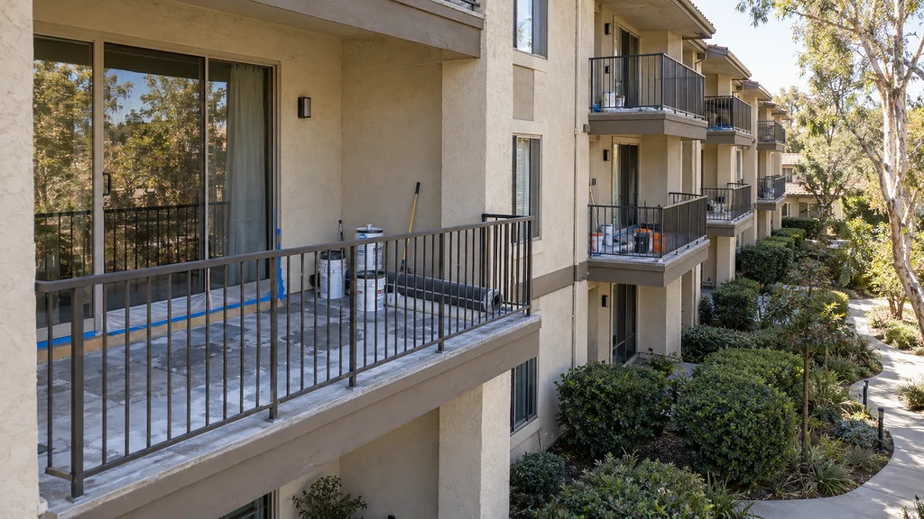 Covered condominium balconies in Cupertino during coating replacement, with materials staged and doors masked