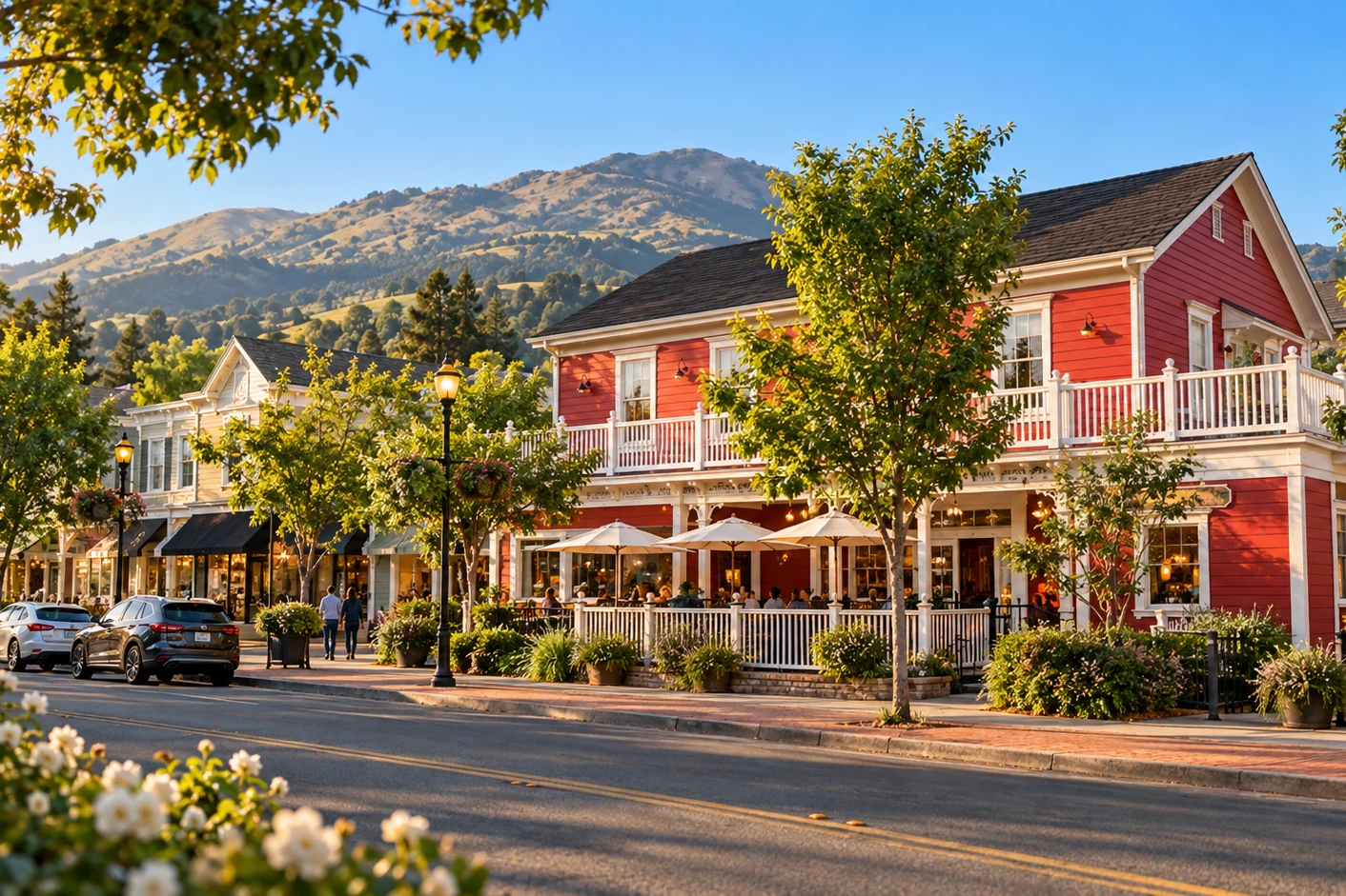 Downtown Danville, California, on historic Hartz Avenue with second-floor balconies