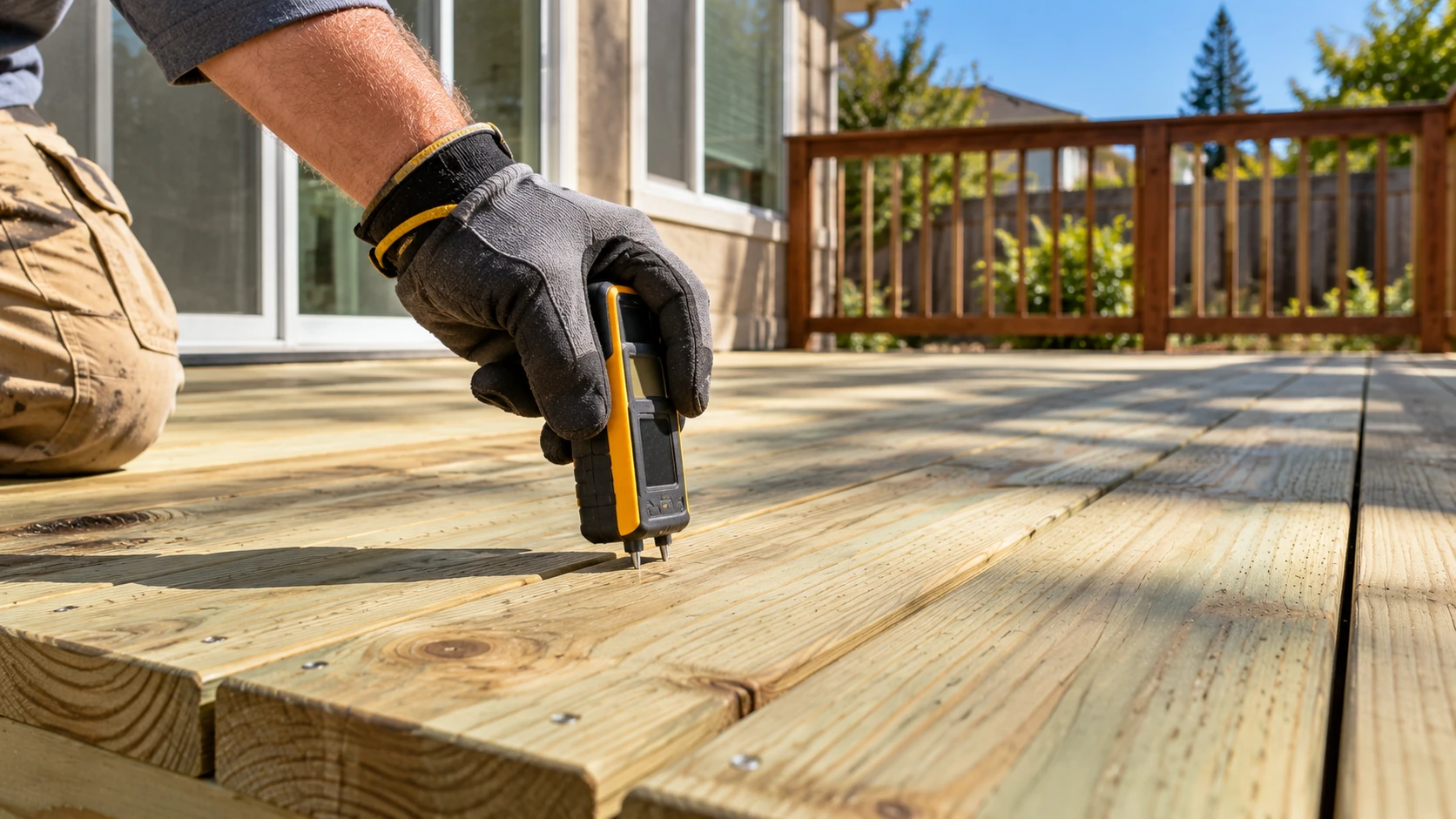 Gloved hand testing a deck board with a moisture meter before staining