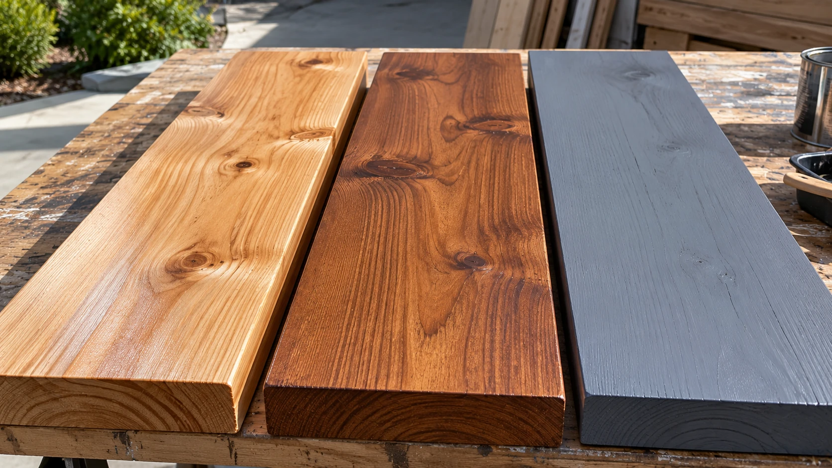 Three boards with clear, reddish-brown, and solid gray deck stain finishes