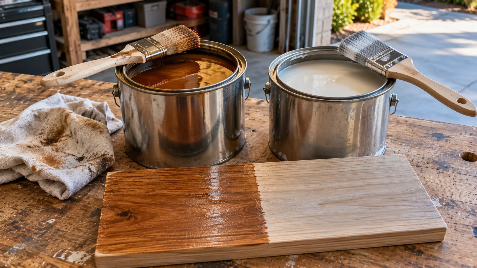 Two cans of stain and sealer with brushes beside a half-stained test board