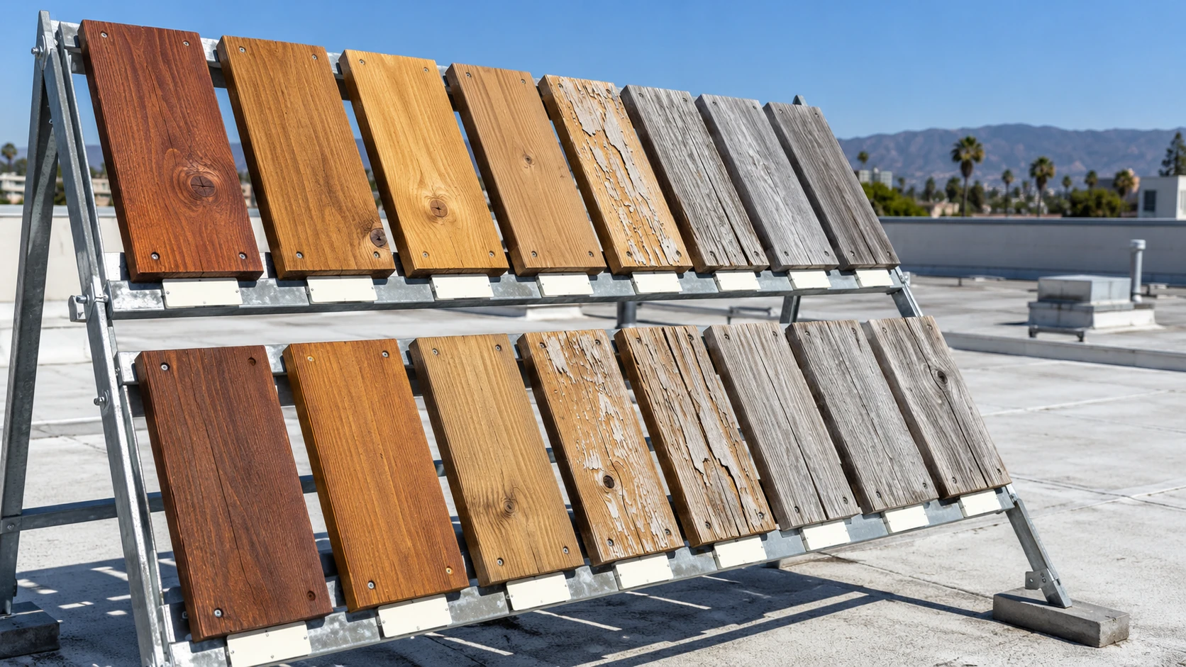 Deck stain test boards on an outdoor weathering rack, from fresh to worn finishes
