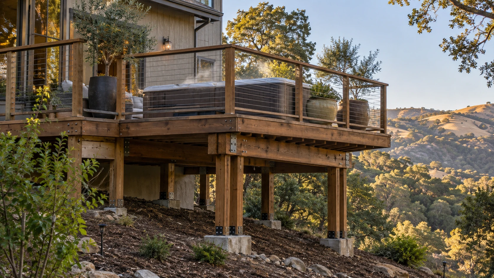 Elevated wood deck with a hot tub on posts over a hillside