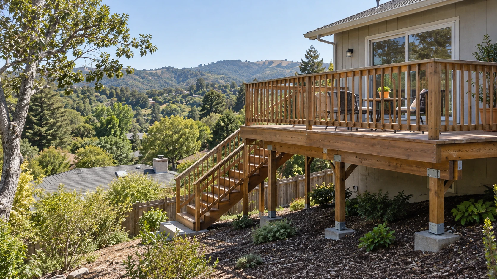 Elevated wood deck with stairs and a railing on a hillside behind a house
