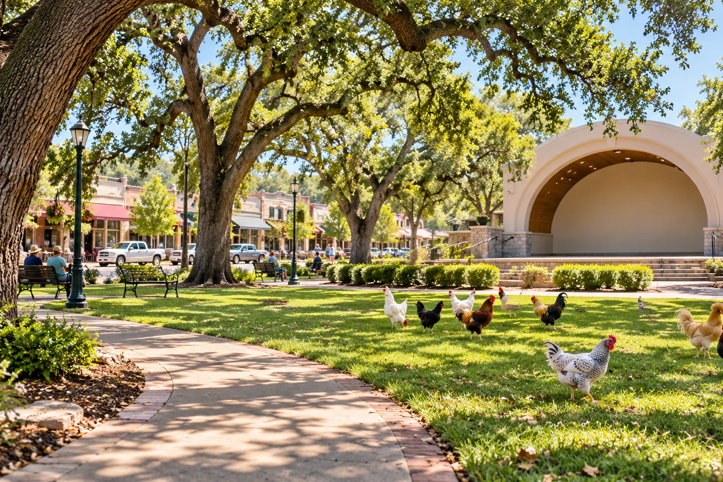 Fair Oaks Village, California, with mature oaks, the park amphitheatre and its free-roaming chickens