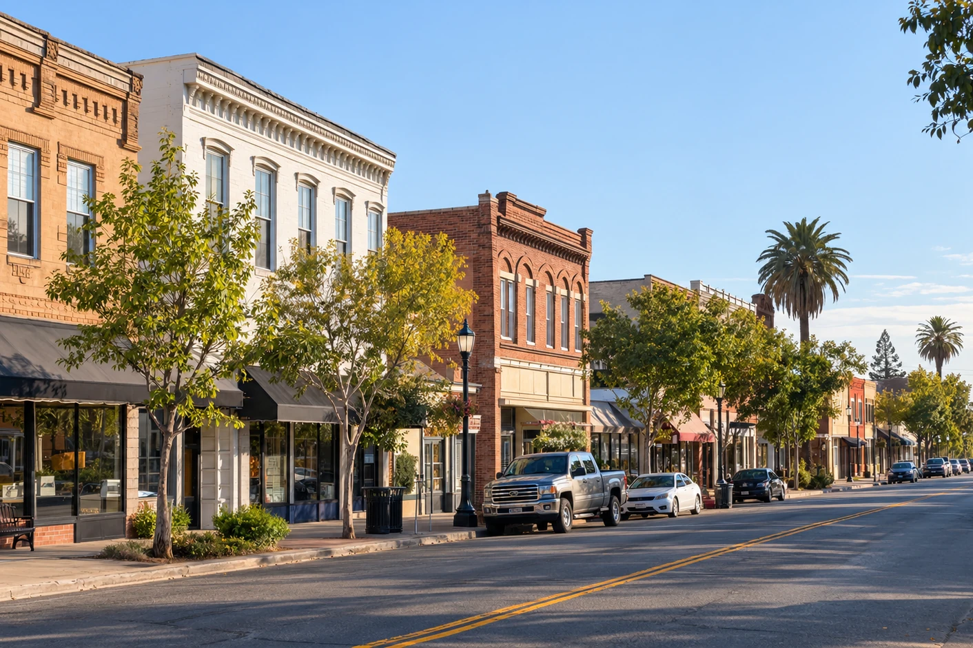Downtown Galt, California, with farmland at the end of the street