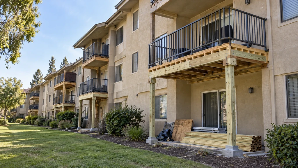 Apartment balconies with rebuilt framing and posts in Gilroy