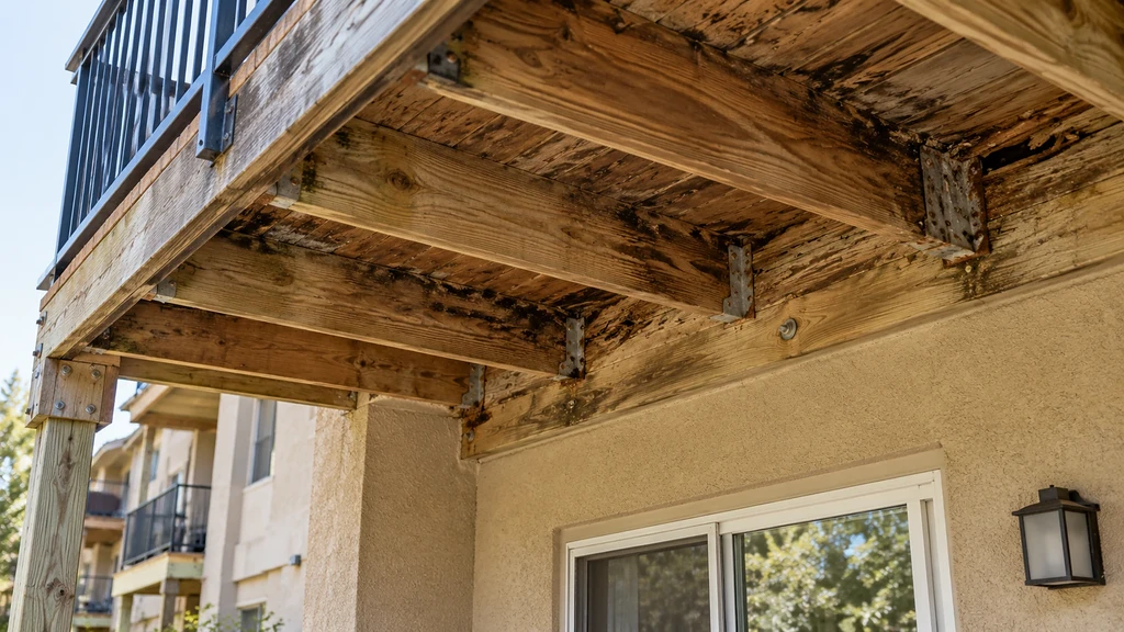 Water-stained balcony ledger and joists with corroded joist hangers under an apartment balcony in Gilroy, before repair