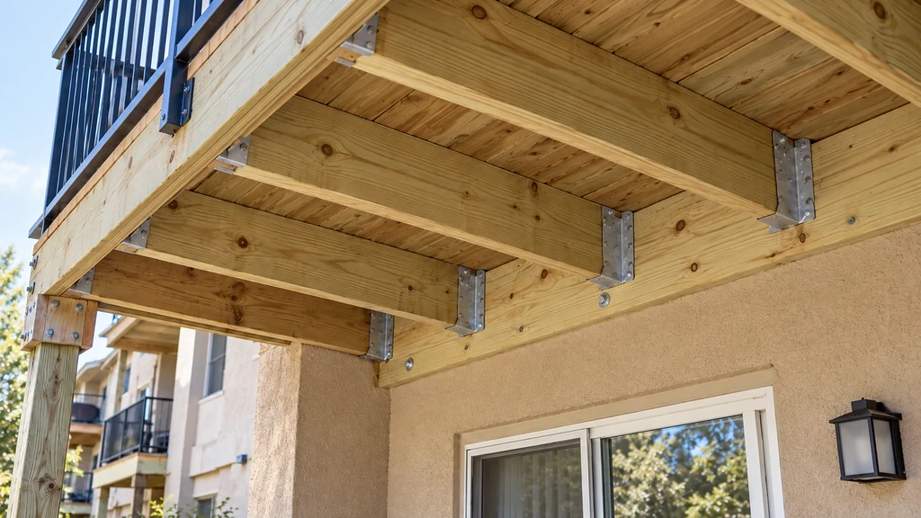 New balcony ledger and joists with galvanized joist hangers under the same Gilroy apartment balcony, after the rebuild