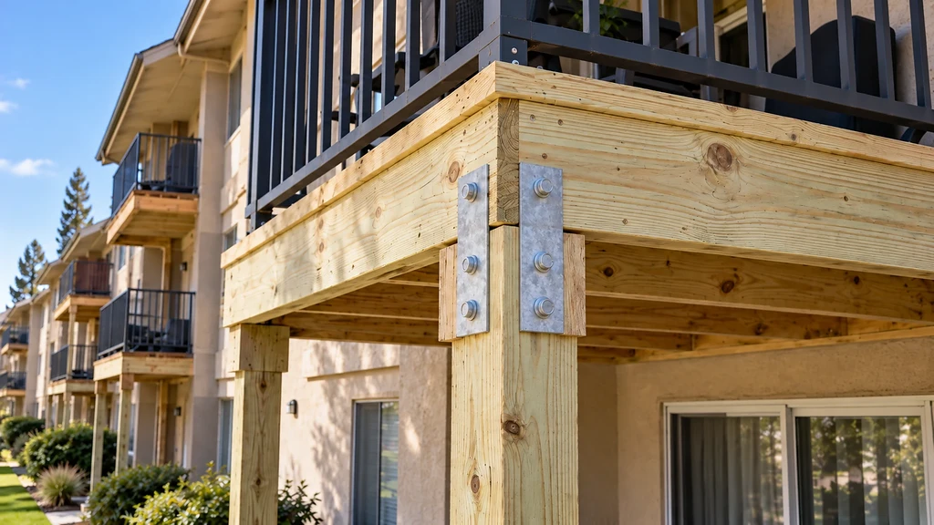 New pressure-treated balcony post and corner beam joined with new galvanized plates and through-bolts in Gilroy