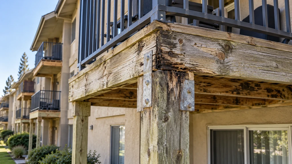 Decayed top of a balcony post and corroding bolted plates under the corner beam of an apartment balcony in Gilroy