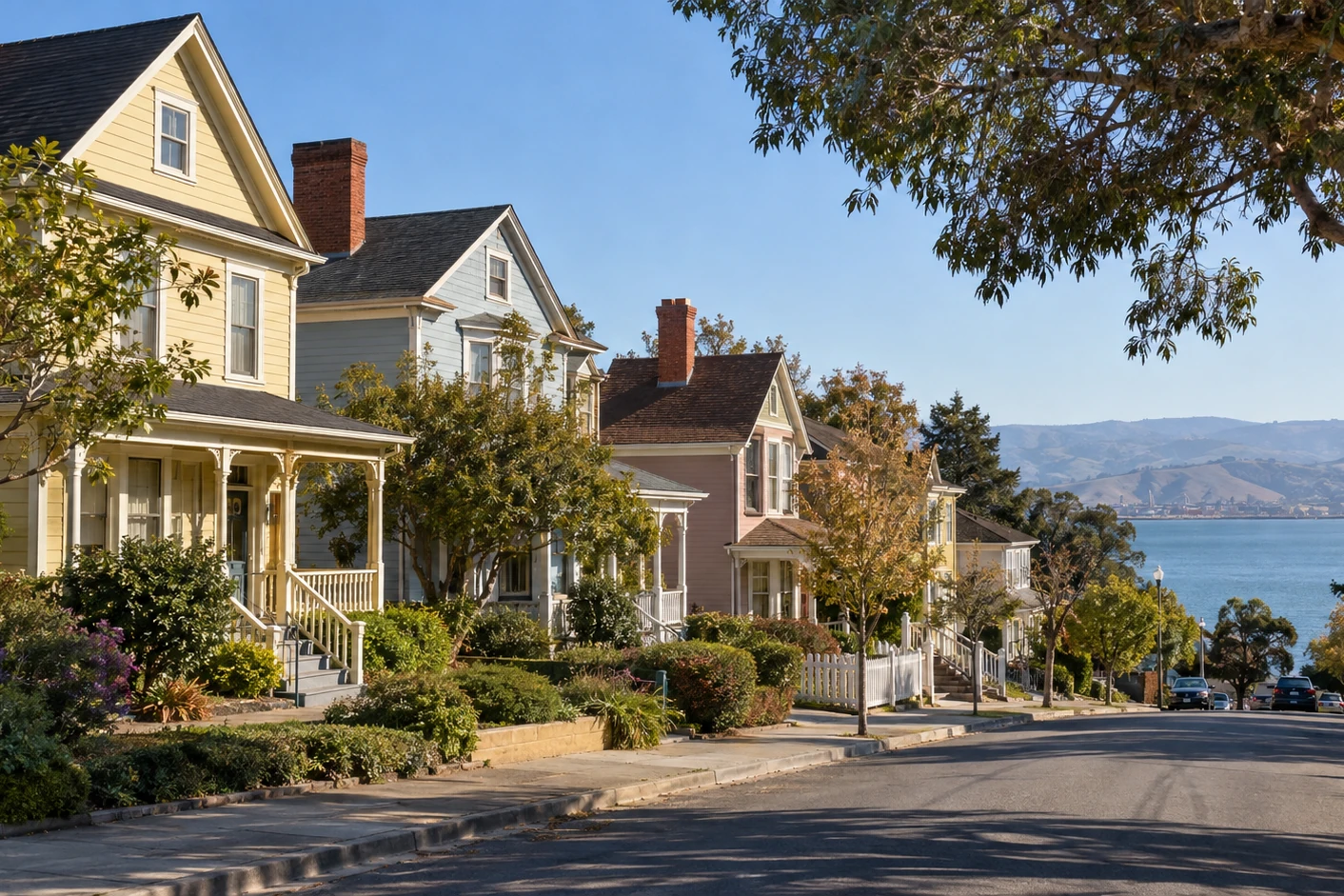 Hercules Historic District, California, with restored cottages above the bay