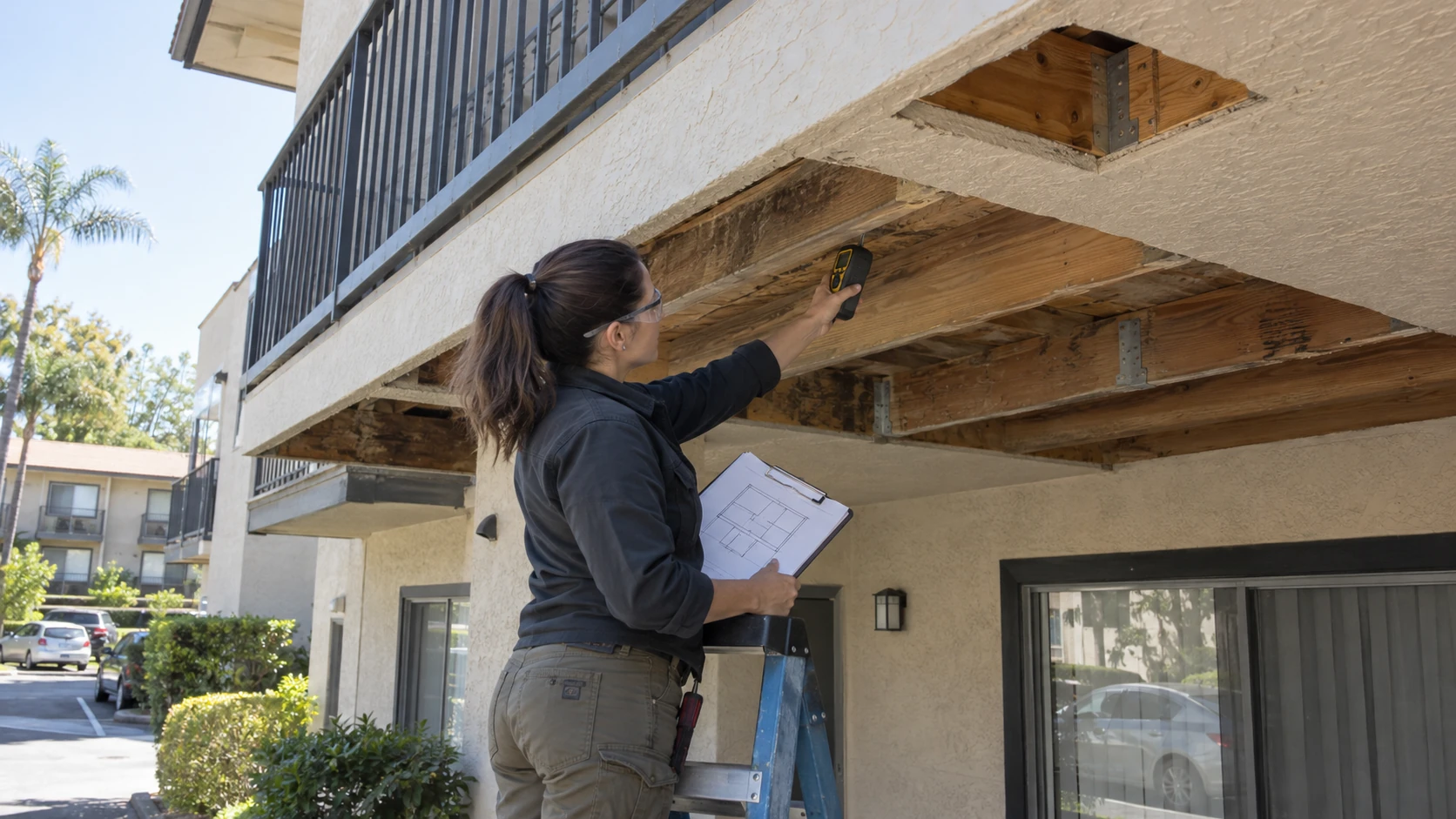 Inspector checking exposed joists through an opened balcony soffit