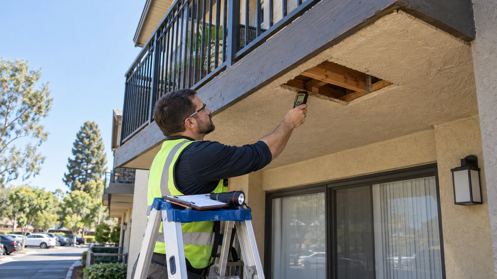 Inspector checking an opening in a balcony soffit with a moisture meter