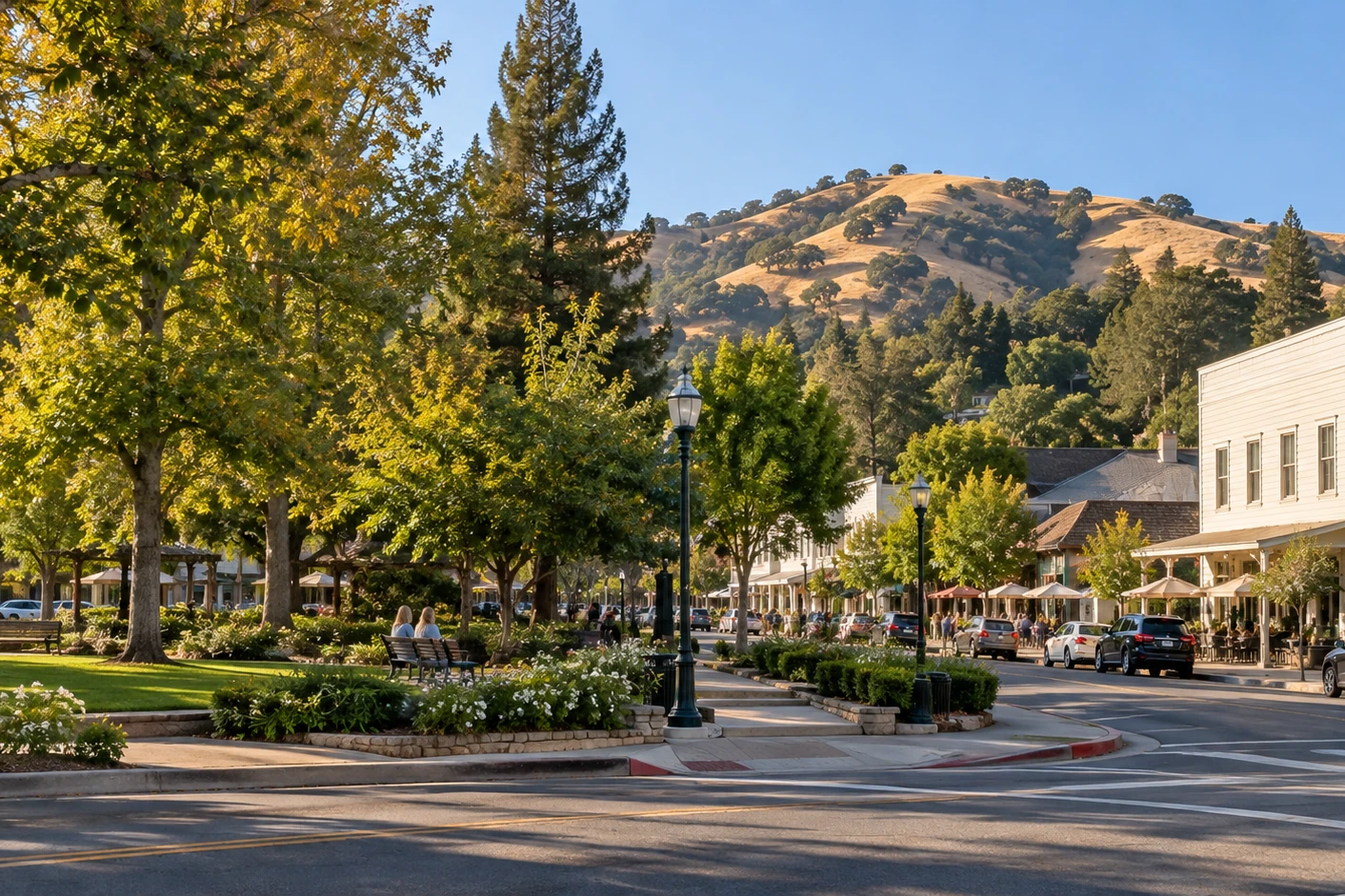 Downtown Lafayette, California, with oak-covered hills behind