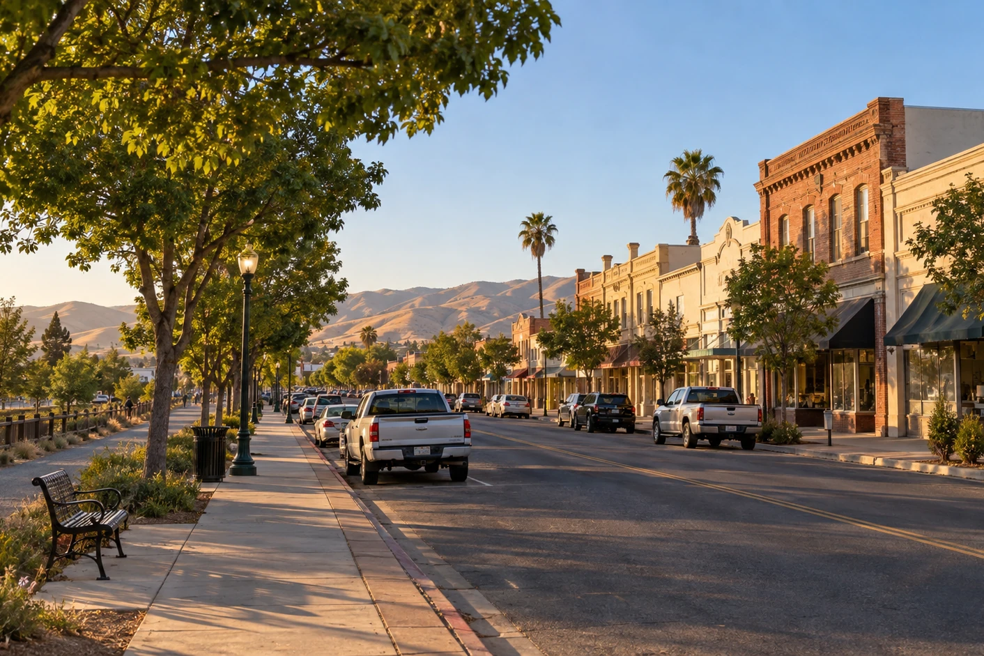 Historic downtown Los Banos, California, with the foothills behind