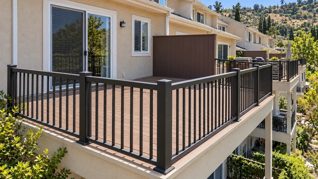 Balcony outer edge rebuilt with composite fascia and the existing aluminum railing reinstalled in Morgan Hill