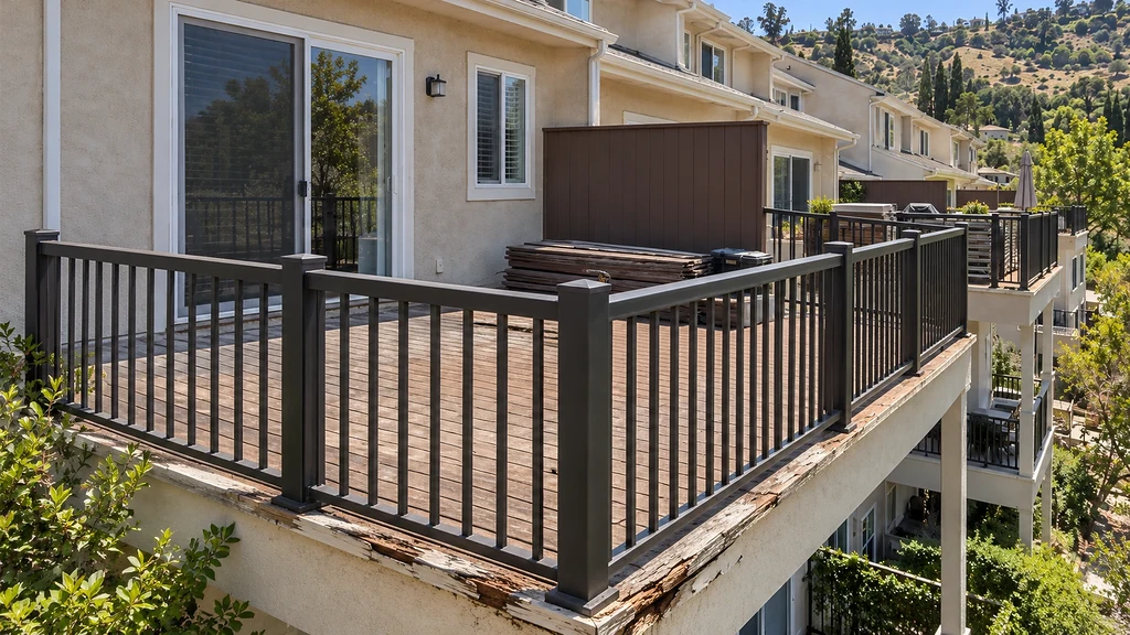 Peeling, decayed wood trim along the outer edge of a balcony where the railing posts are mounted