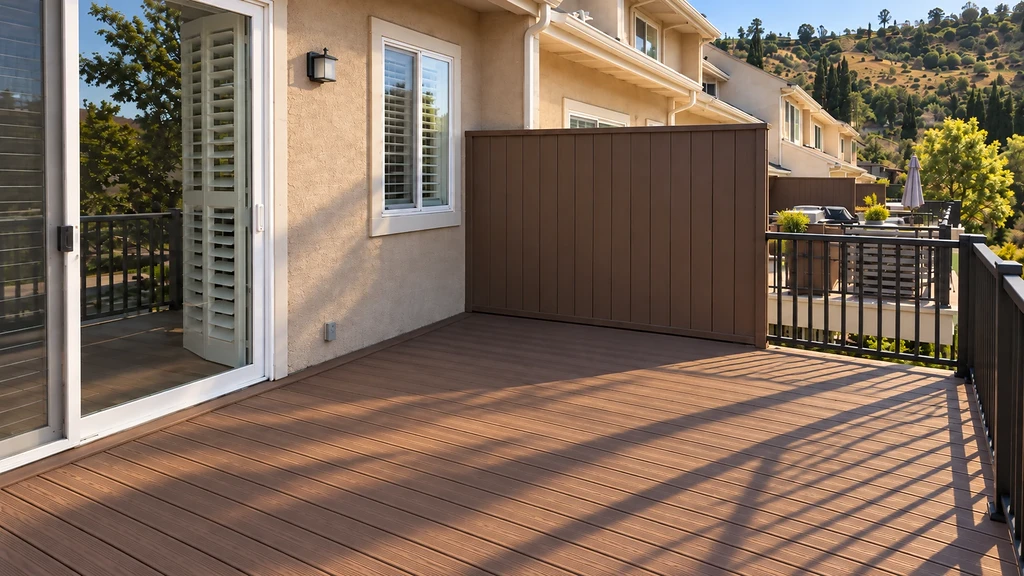 New capped composite balcony decking with a finished edge at the sliding door in Morgan Hill